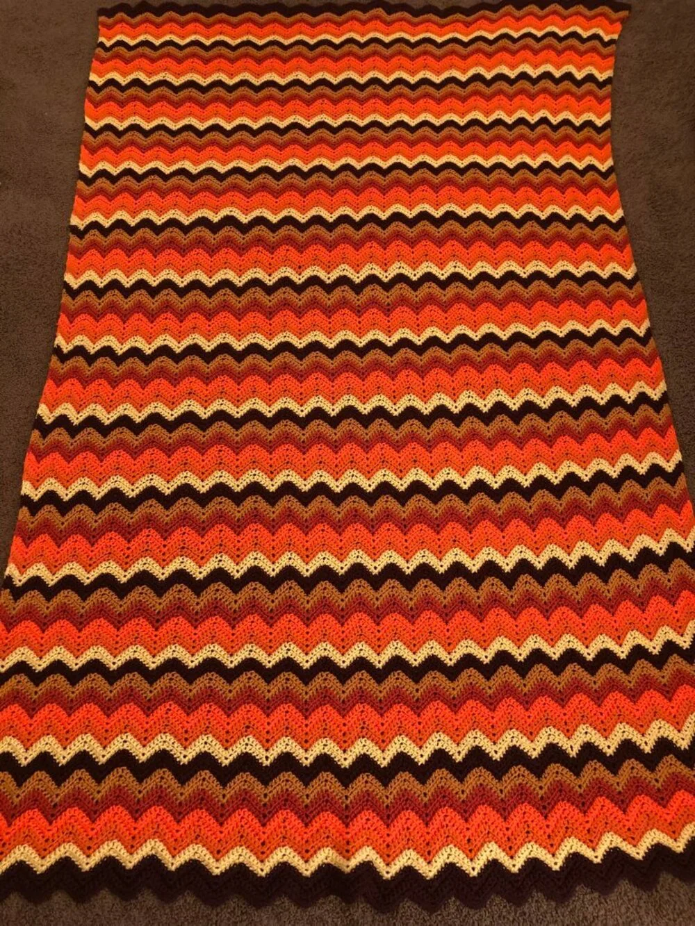 Vintage Retro Crochet Zig Zag Afghan Throw Blanket 70s Mid Century Boho